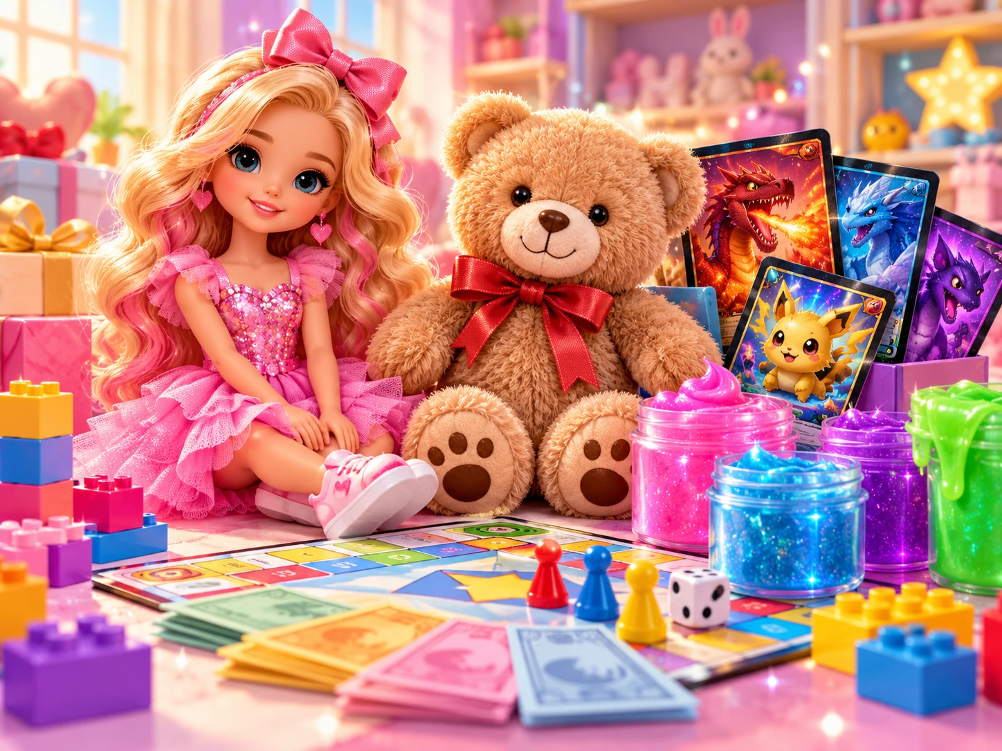 Arte chamativa com boneca, ursinho, cartas, slime e jogo